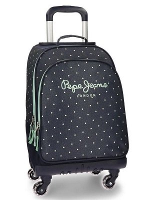 Pepe Jeans, Denim Dots - Trolley escolar convertible en mochila con 4 Ruedas